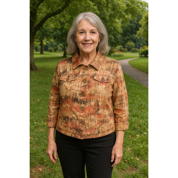 Chico’s Orange Gold Metallic Abstract Blazer Jacket Large Artsy Graphic Shimmer - Picture 2 of 9